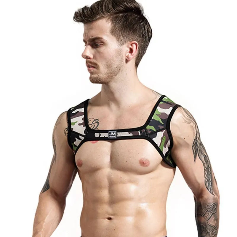 Men's fitness neoprene sports shoulder strap in black, shown on a person for athletic protection