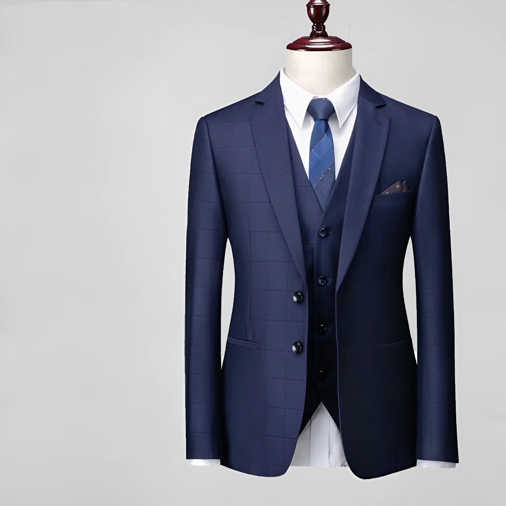 Men's navy blue slim fit three-piece plaid business casual suit with jacket, vest and trousers
