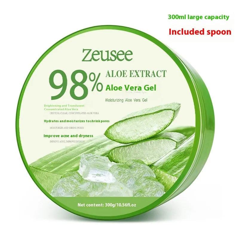 Jar of 98% aloe vera gel 300g with a measuring spoon for acne control and hydration