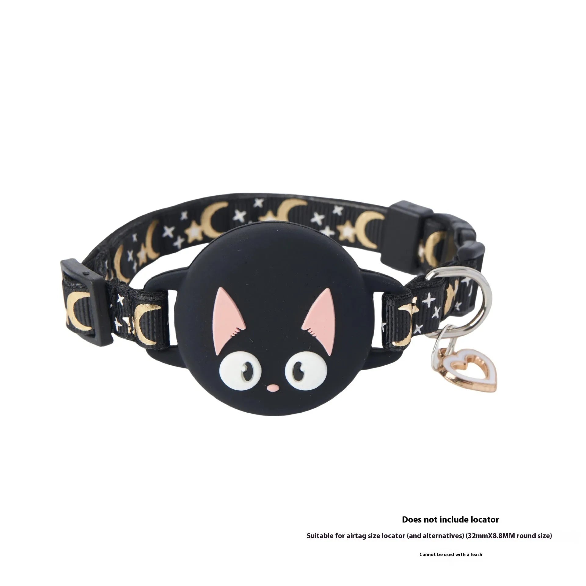 Pink plastic AirTag case attached to an adjustable breakaway cat collar on a table.