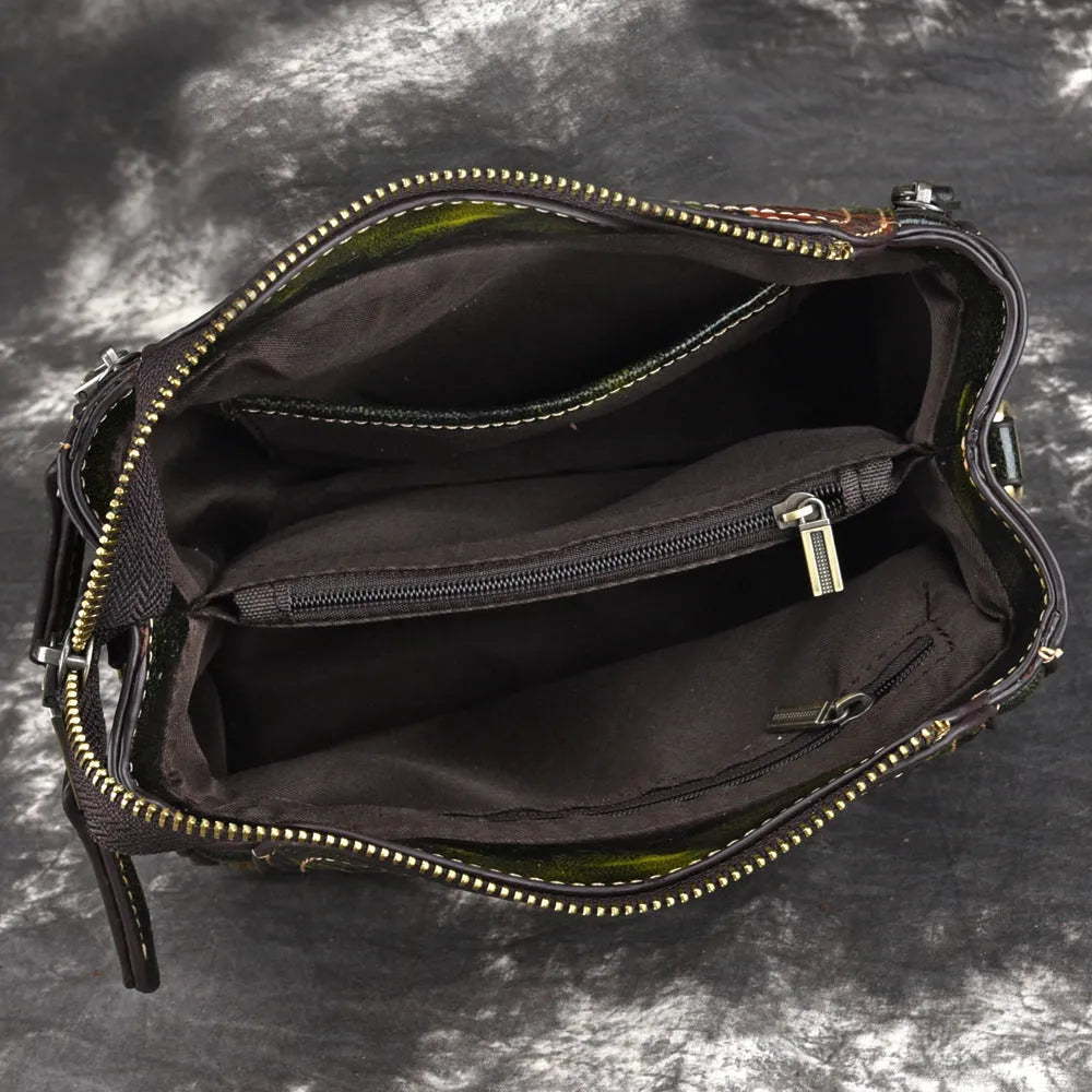 Genuine leather square shoulder bag for women with organised interior compartments