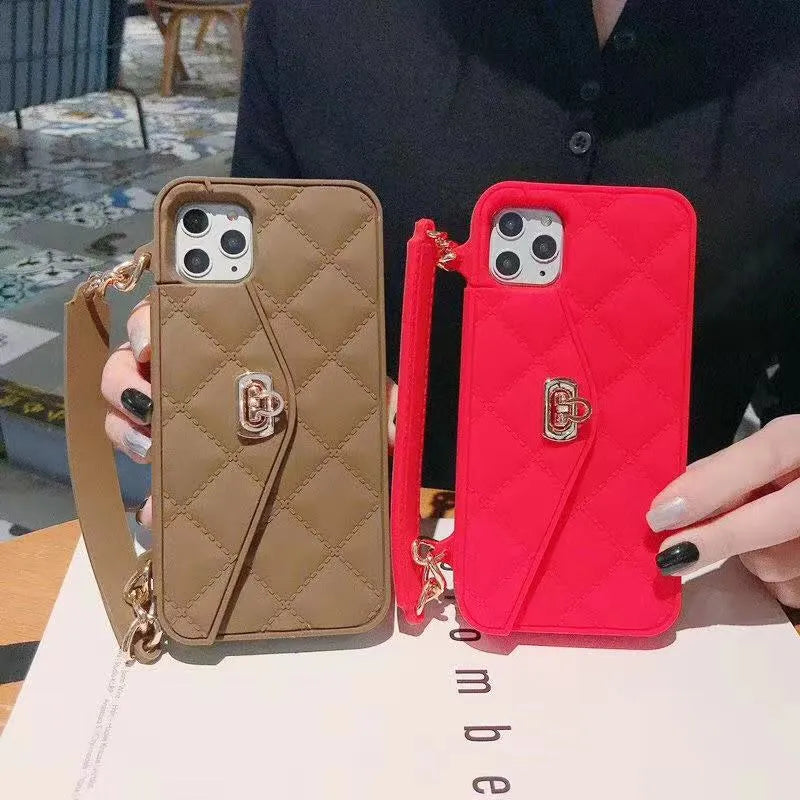 Luxury silicone iPhone case with inclined chain lanyard in multiple colour options