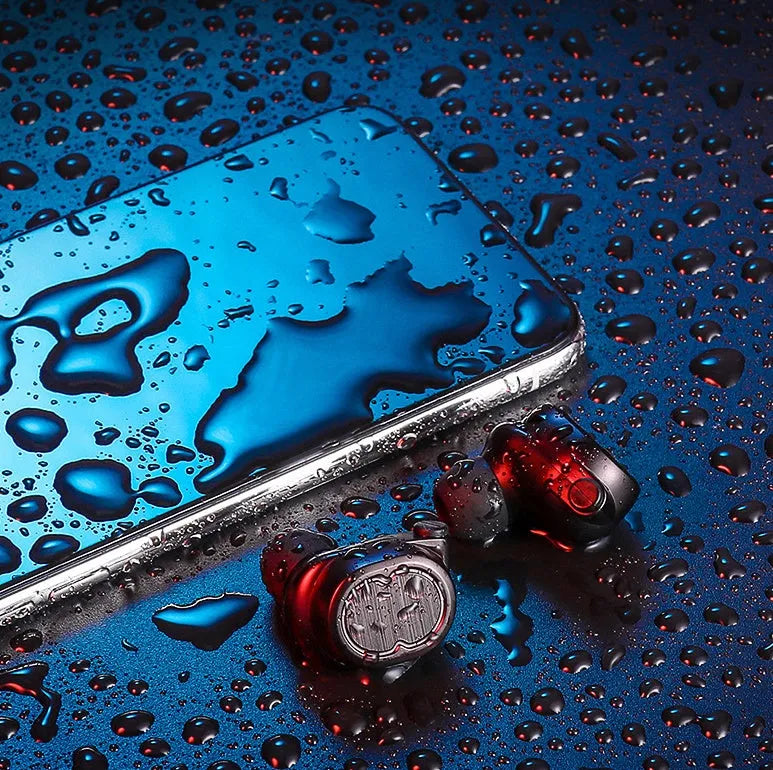 Wireless Bluetooth stereo earbud headset showing four colour options: black, white, red, and blue