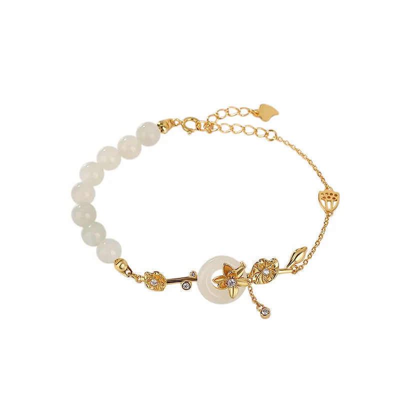 Women's Hetian jade lotus peace buckle bracelet in 925 silver with antique gold or silver plating