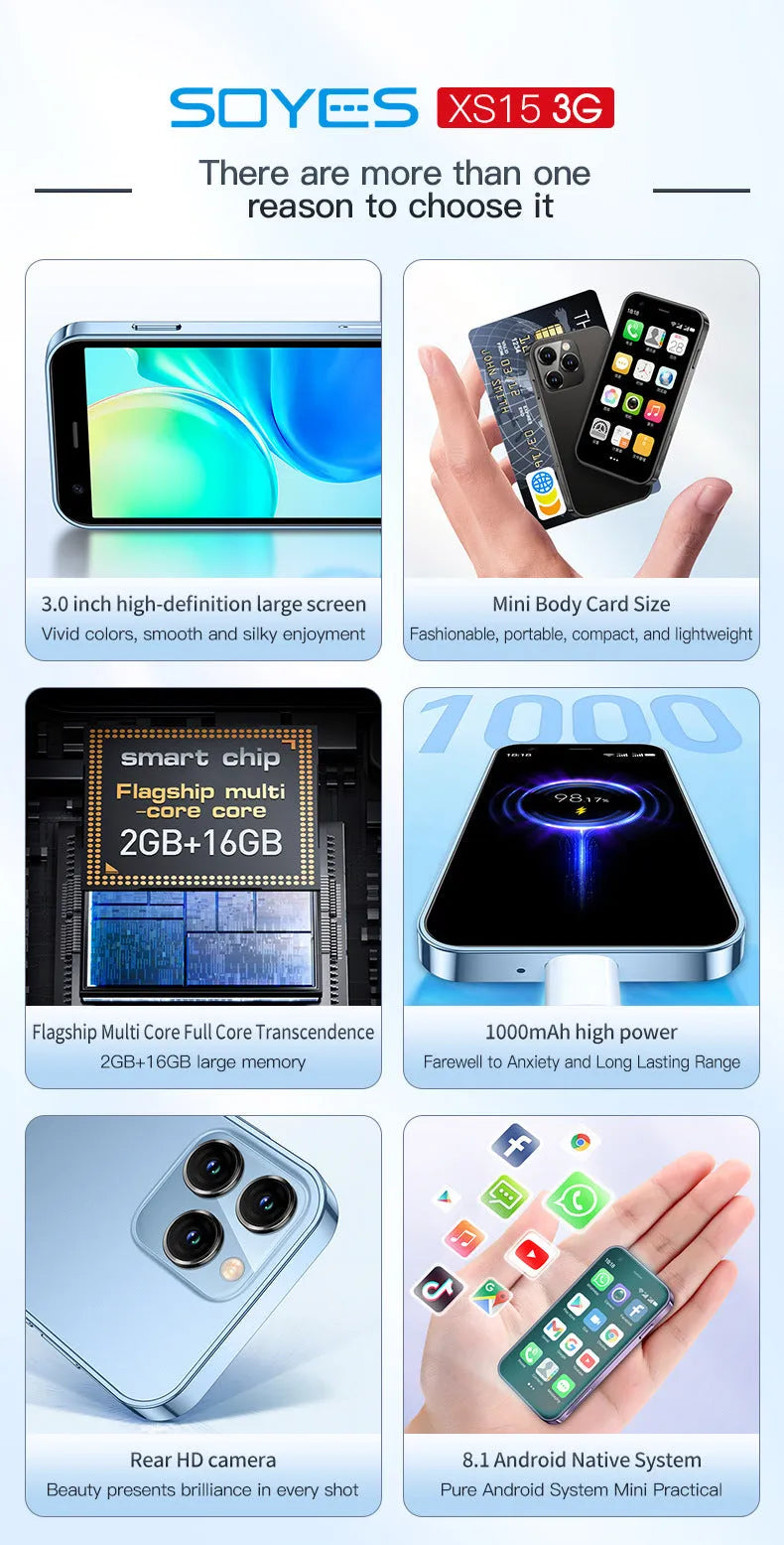 Mini smartphone with 30-inch screen in black, green, or pink purple colours showing Android interface