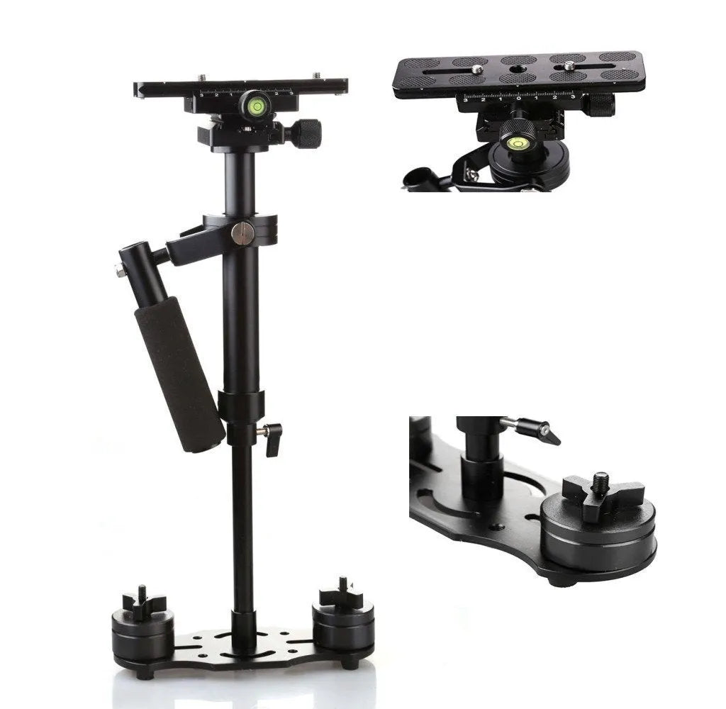 Black aluminium alloy handheld camera stabiliser with adjustable height, shown with a camera attached.