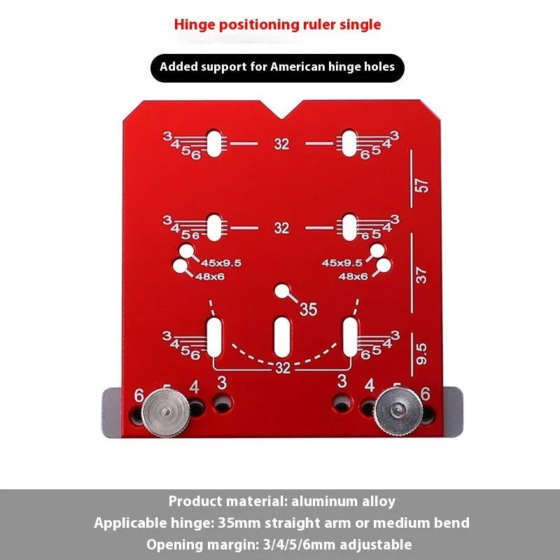 Red aluminium alloy hinge locator tool for 35mm cabinet hinges with adjustable margin settings