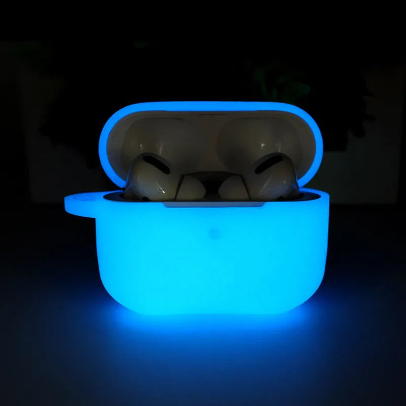 Luminous silicone AirPods case with integrated carrying strap in blue colour
