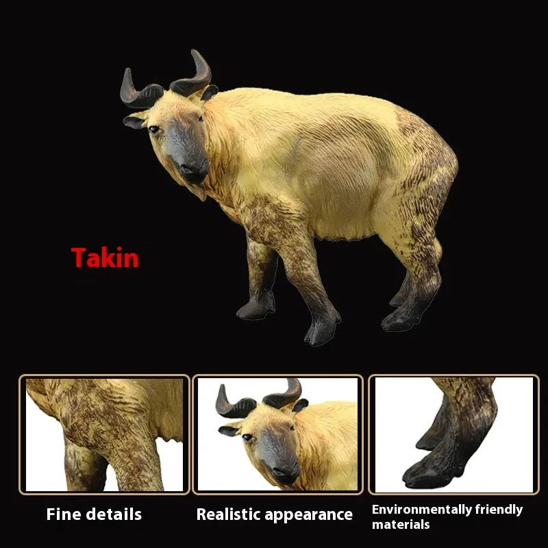 Plastic simulation animal toy model of a takin, 10.5cm tall, in natural colour finish, on a white background