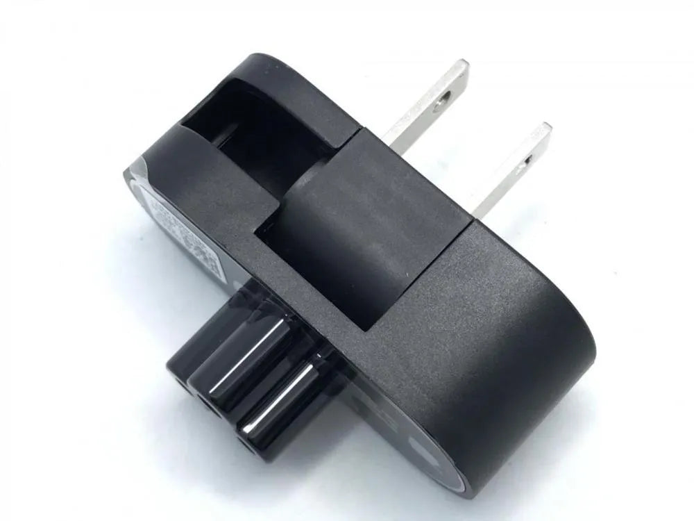 Black folding US plug for laptop chargers showing straight and 90-degree angled positions.