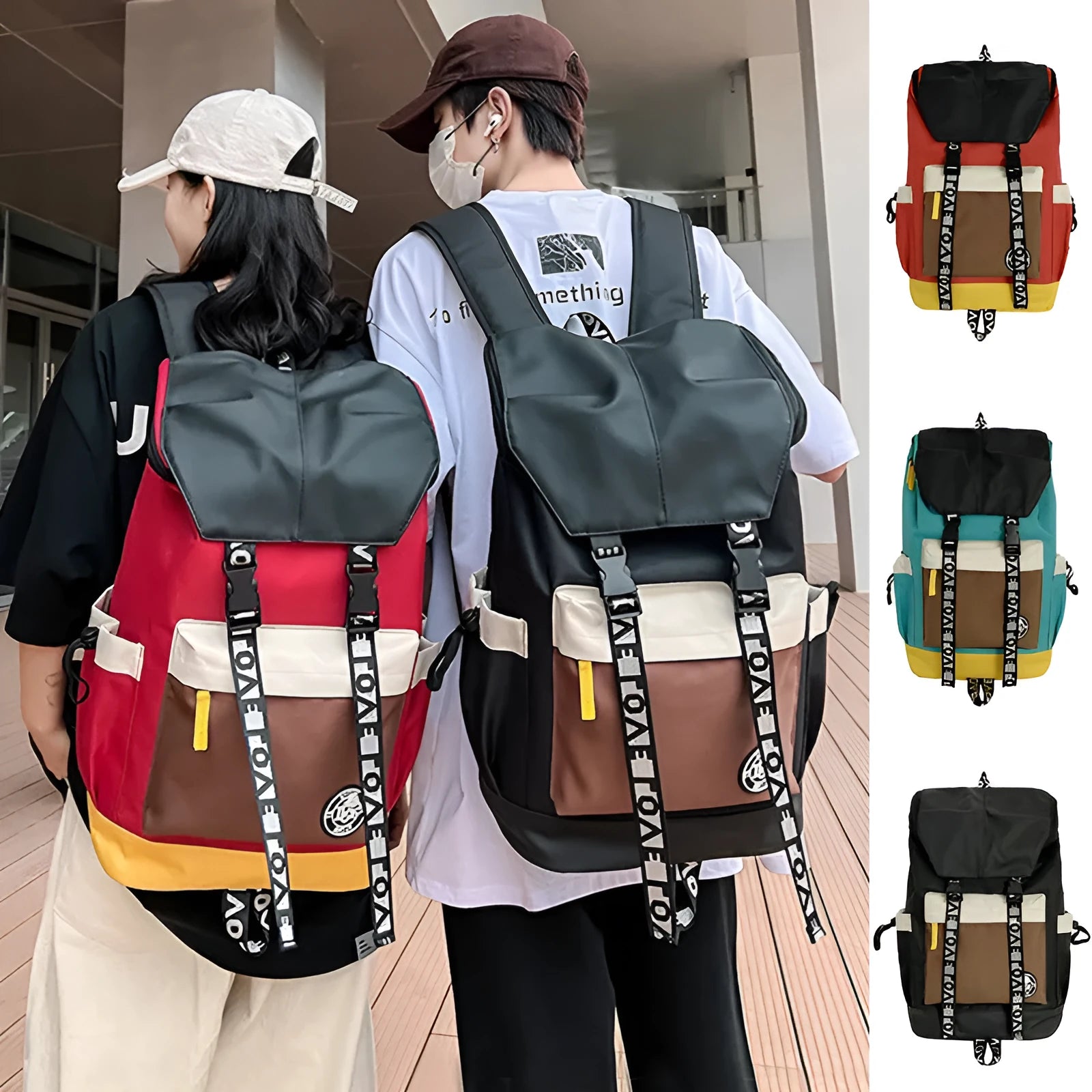 Oxford cloth student backpack in black, green, or red, showing handheld and shoulder straps.