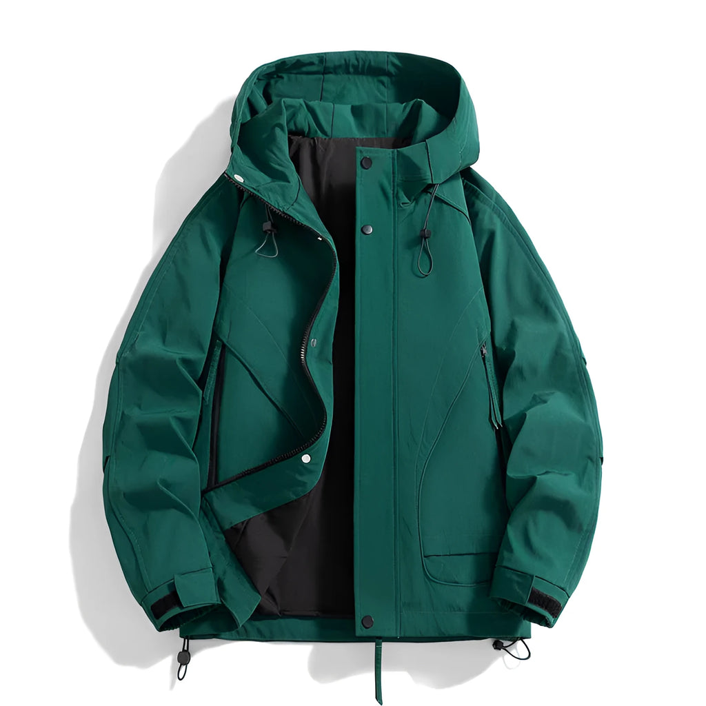Loose fit rabbit fur hooded jacket in duck shit green with zipper pockets and long sleeves.