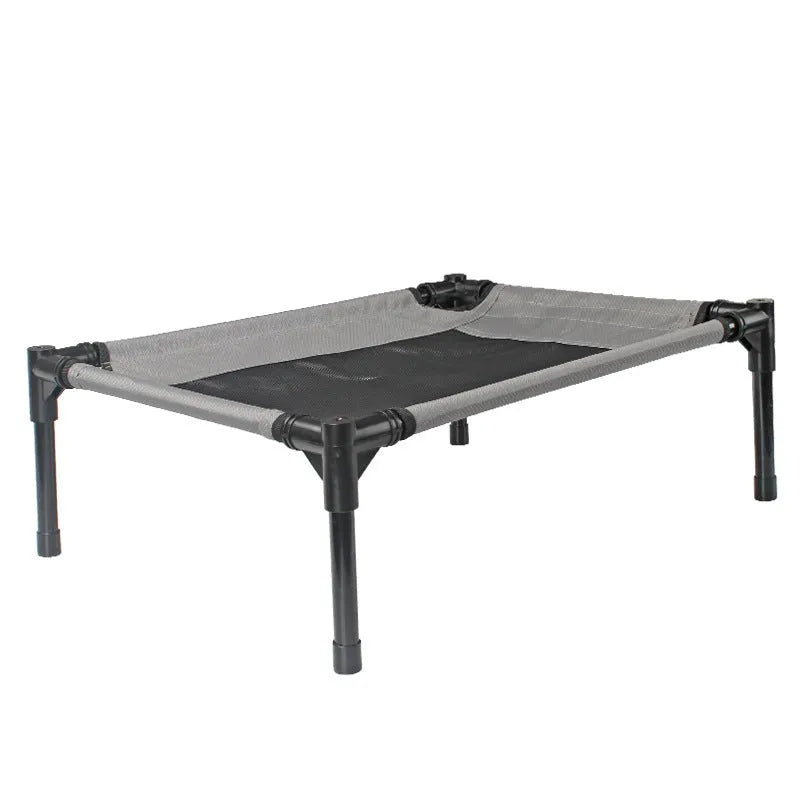 Black outdoor portable dog bed with steel frame and removable Oxford cloth cover.