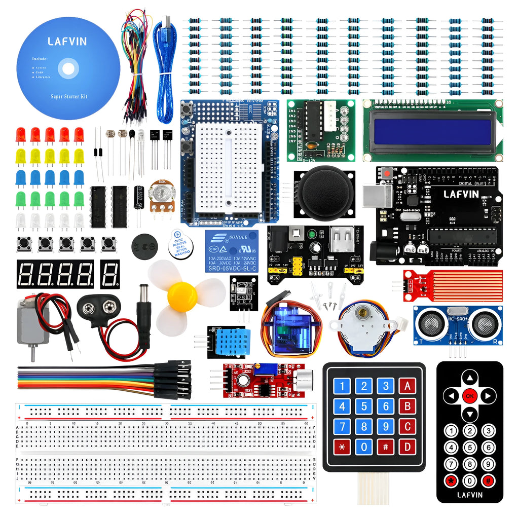 LAFVIN Arduino UNO R3 Super Starter Kit with blue development board and multiple electronic components.