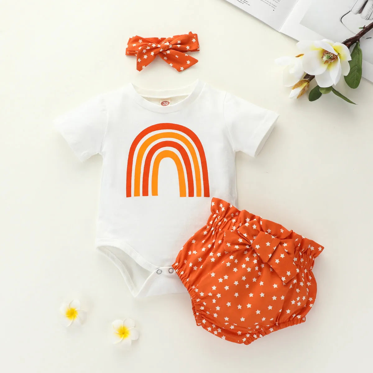 Girls' rainbow cotton romper three-piece set with cap, short sleeves, and shorts in beige