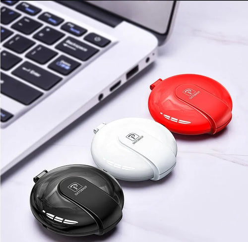 Black 3-in-1 magnetic retractable style charger with car mounting patch and three phone plugs