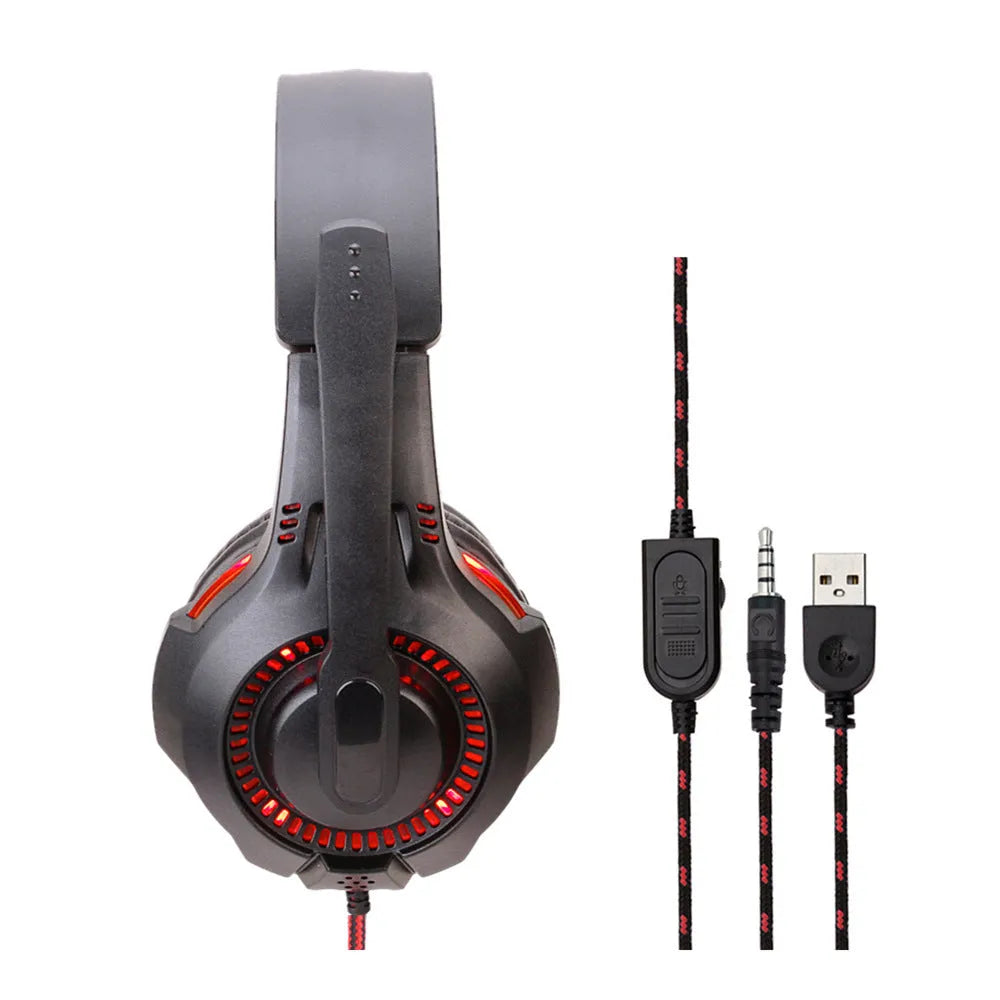 Light-emitting head-mounted gaming headset with black and red tanned leather earmuffs, braided cable, and 3.5mm plug for PS5 PS4 PC