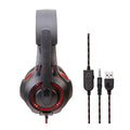 Light-emitting head-mounted gaming headset with black and red tanned leather earmuffs, braided cable, and 3.5mm plug for PS5 PS4 PC
