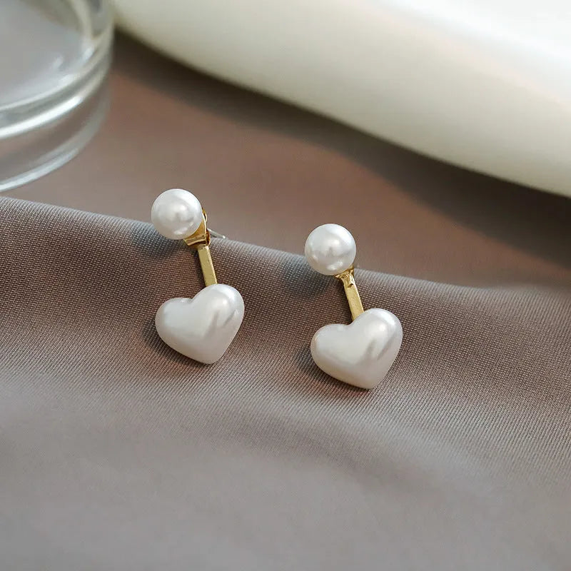 Heart-shaped alloy stud earrings with electroplated finish and artificial gemstones in Korean style