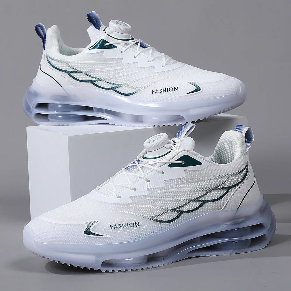 White Korean-style men's casual shoes with rotating button lacing and mesh upper.
