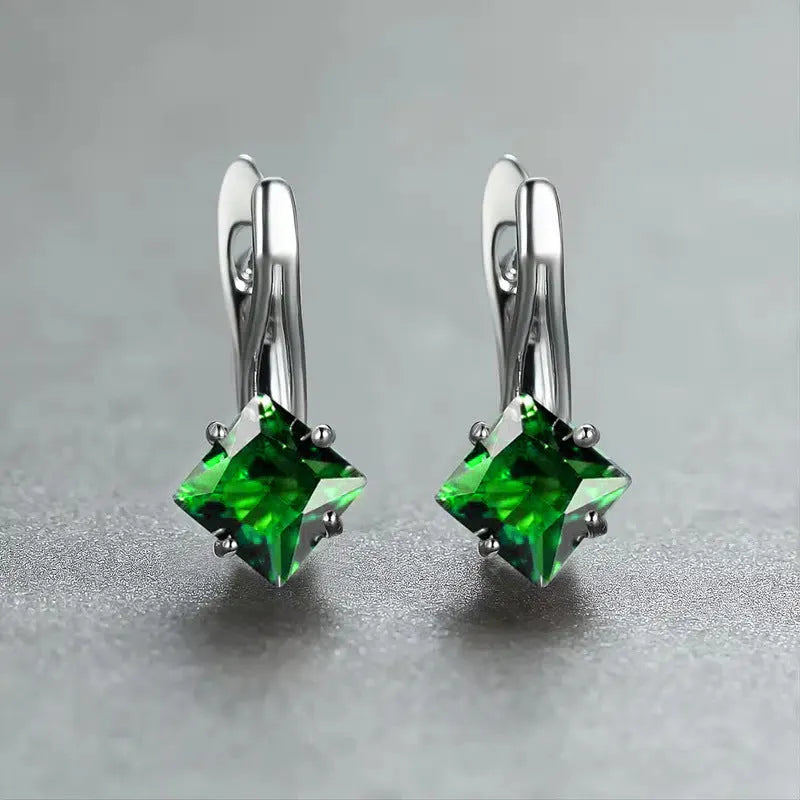 Pair of women's copper earrings with diamond design and inlaid zircon stones in blue, green, or natural colour options.