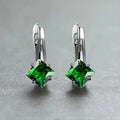 Pair of women's copper earrings with diamond design and inlaid zircon stones in blue, green, or natural colour options.