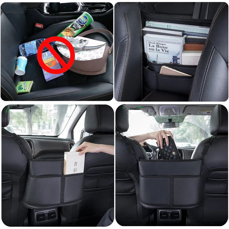 Black leather car seat storage bag with sports carbon fibre pattern for centre console organisation