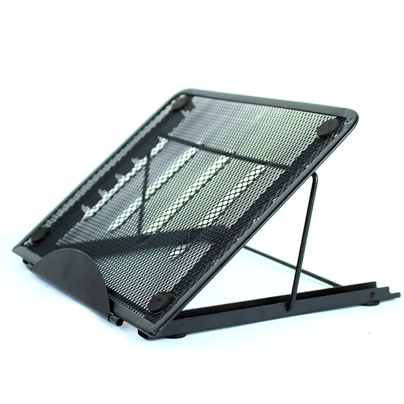 Folding aluminium laptop stand in silver colour, shown at an angle with a laptop on it