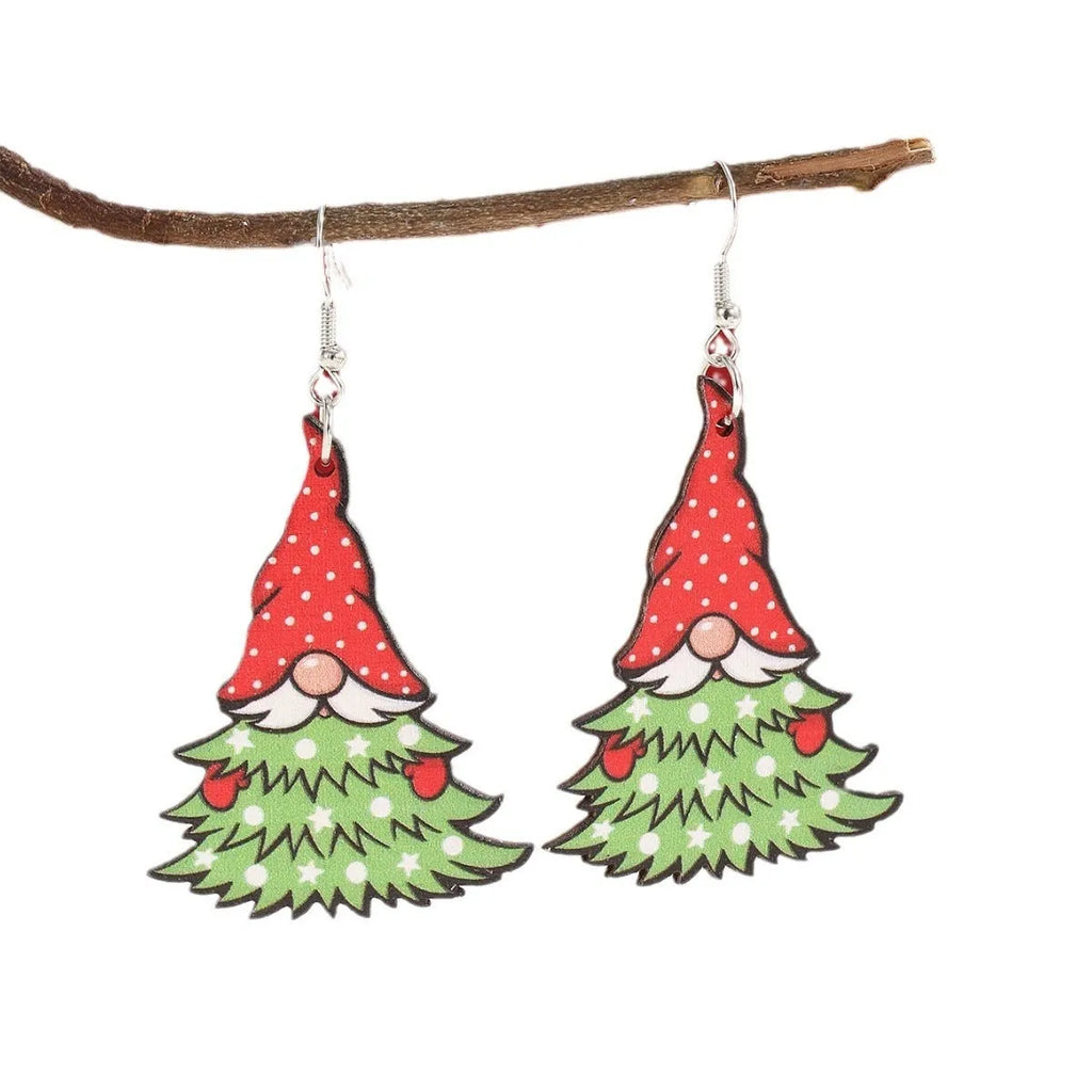 Wooden geometric Christmas earrings with Christmas tree and water drop snowman designs featuring Santa Claus elements