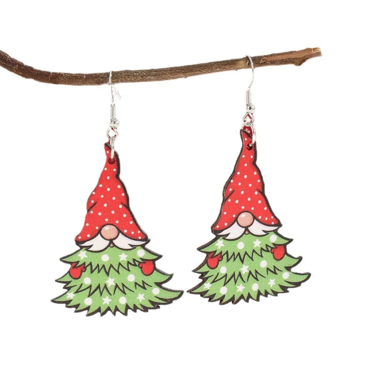 Wooden geometric Christmas earrings with Christmas tree and water drop snowman designs featuring Santa Claus elements