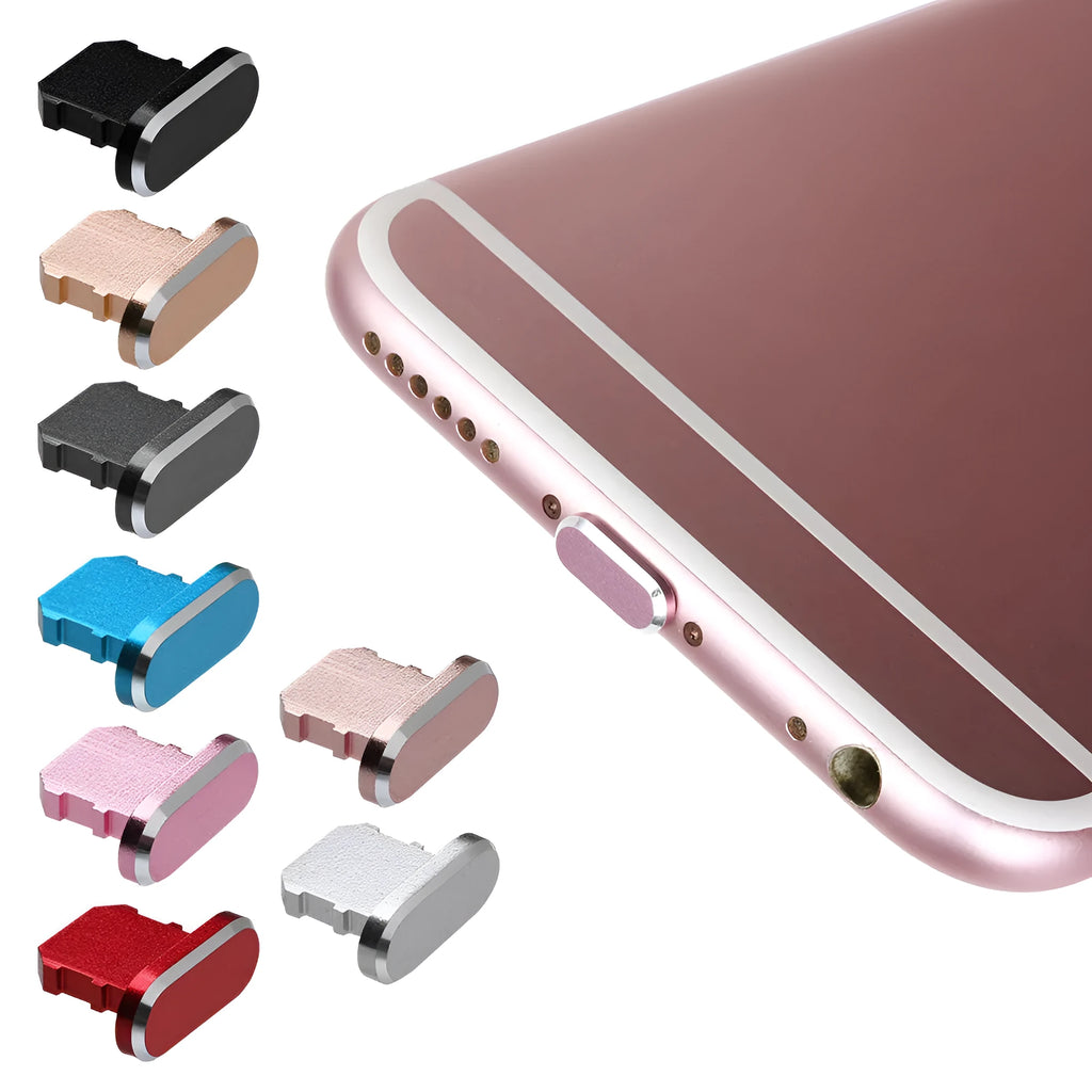 Aluminium alloy iPhone charging port dust plug in gold, silver, blue, red, grey, black, and rose gold colours.