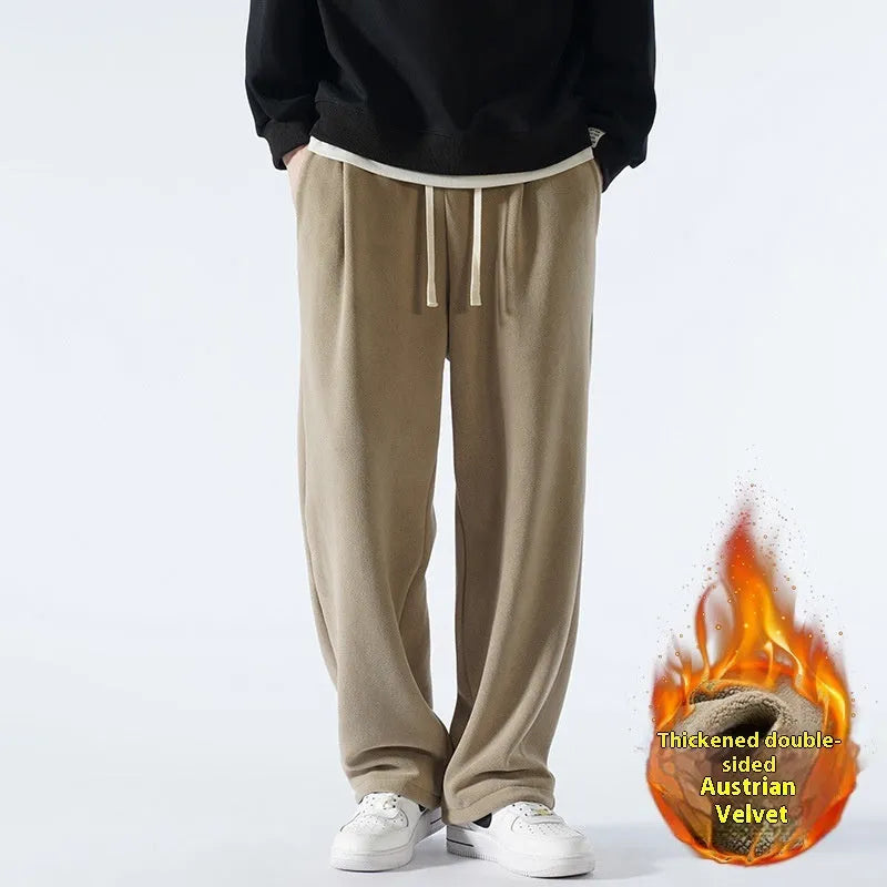 Men's double-sided polar fleece trousers in apricot colour with wool lining and drawstring waist