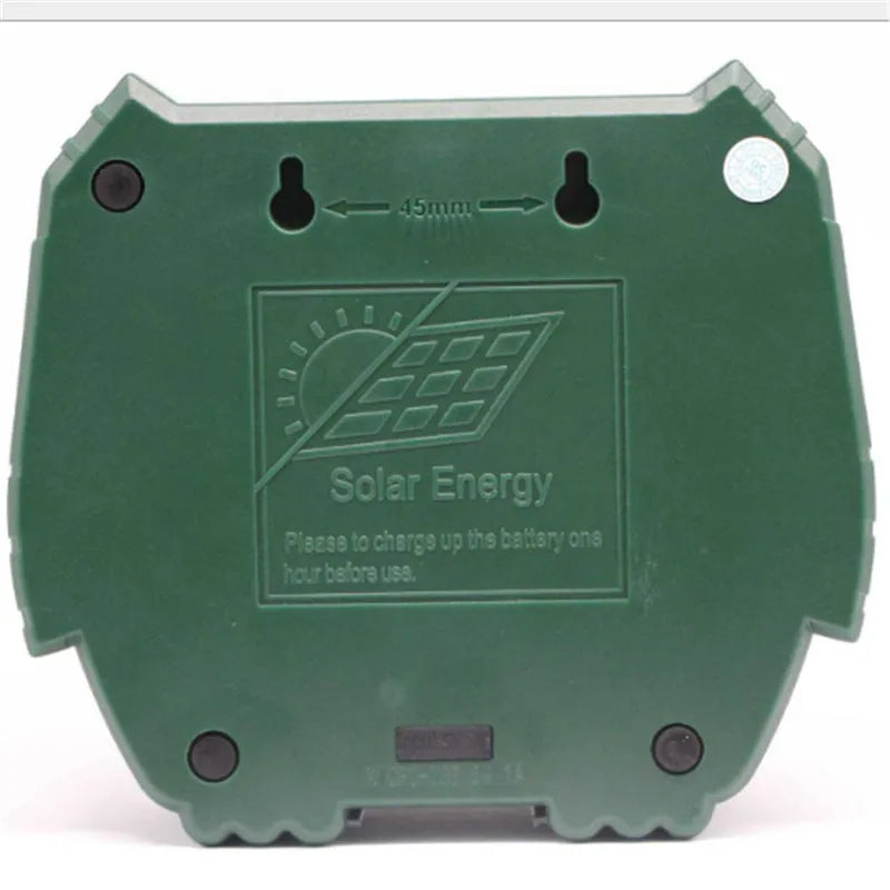 Green solar-powered ultrasonic dog and pest repeller with weatherproof ABS housing