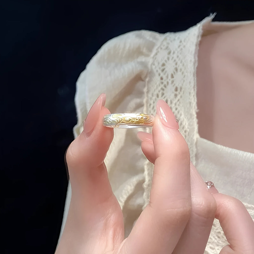 Geometric open mouth ring with Xiangyun pattern in silver gold electroplated finish