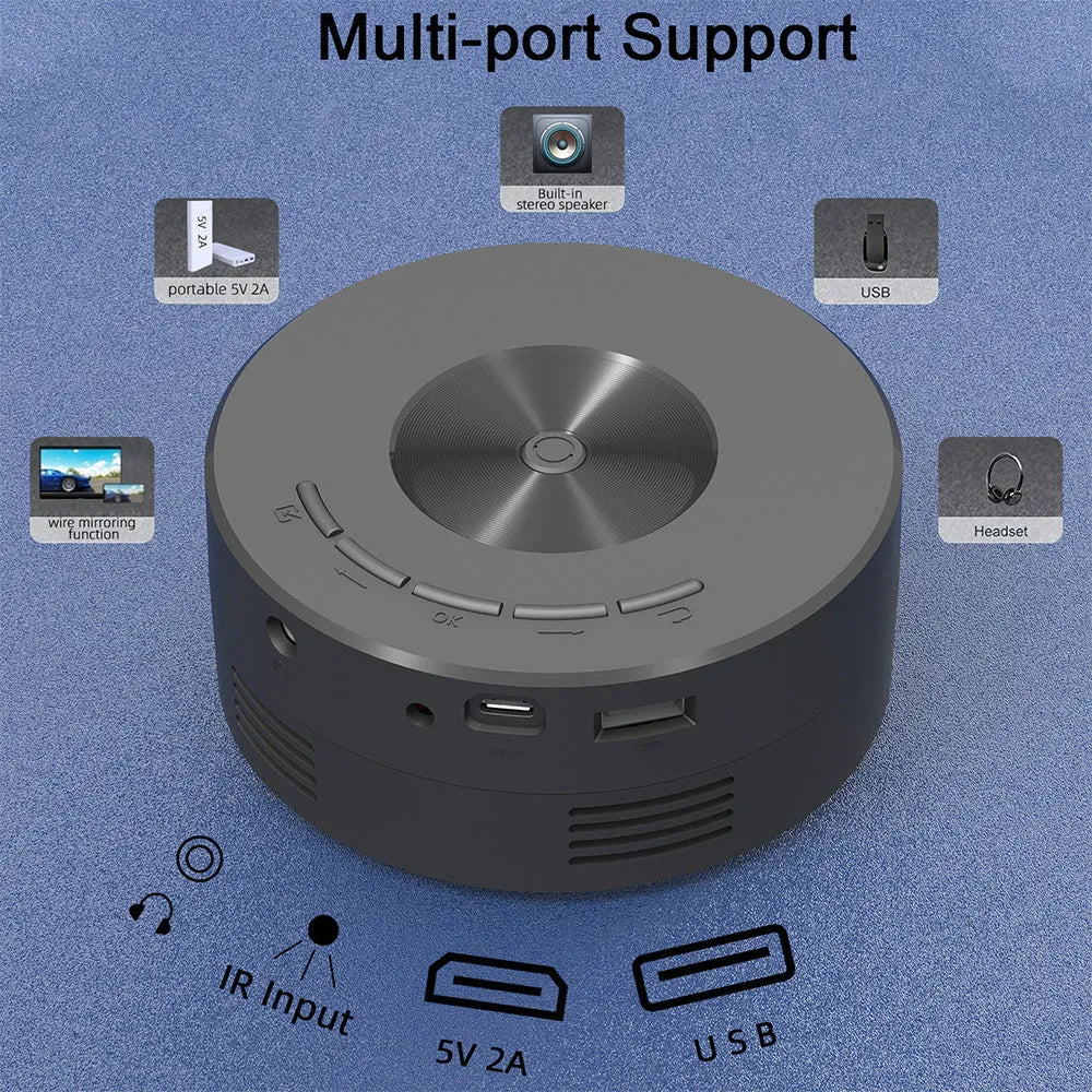 YT200 black mini LCD home projector with compact design and wireless mirroring feature
