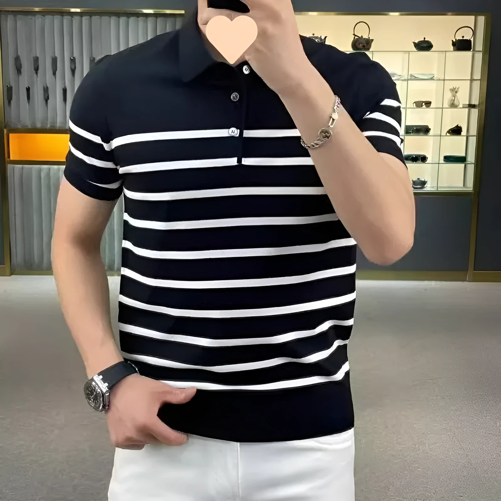 Striped V-neck knitted T-shirt in black or white with chemical fibre blend fabric