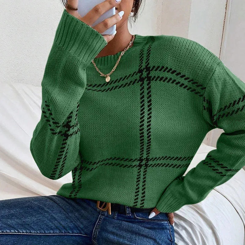 Women's plaid colour-block acrylic sweater with crew neck and loose fit in multiple colour options