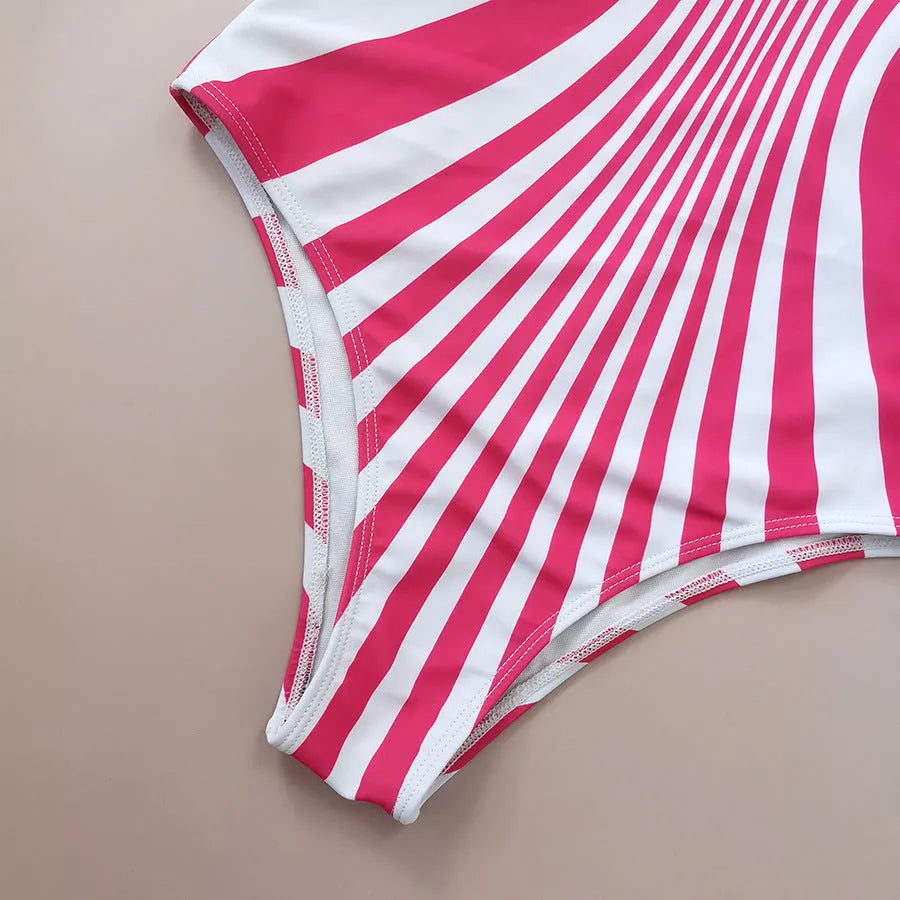 Pink and white striped one-piece swimsuit for women with digital printing on the front and back.
