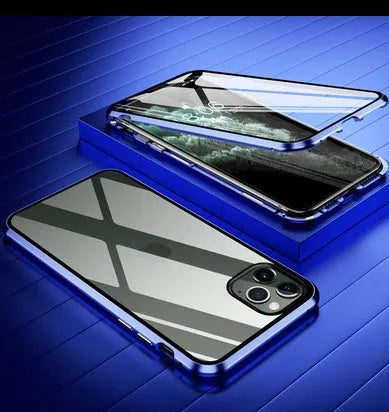 Glass clamshell anti-spy phone case for iPhone in geometric design, shown in black, silver, red, gold, green, and blue colours.
