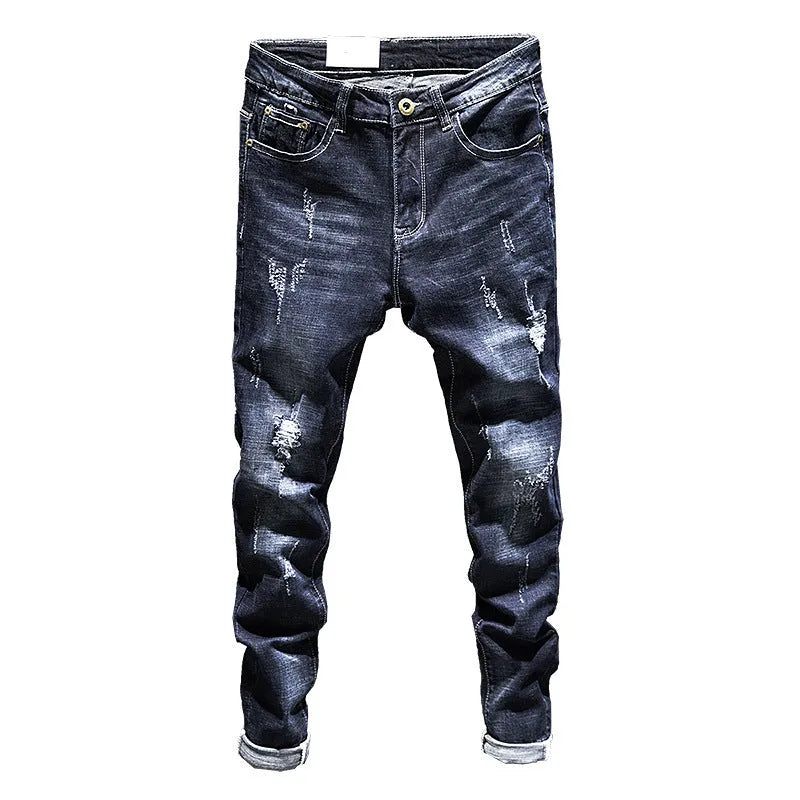 Men's slim-fit skinny jeans in dark blue cotton denim with mid waist design