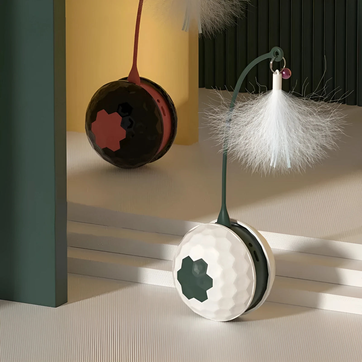 Red or white tumbler cat teaser toy with feather attachment, 71.5mm x 209mm, USB rechargeable