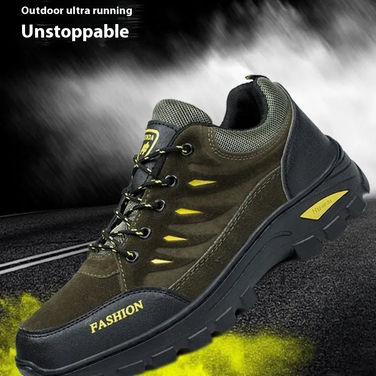 Men's mid-top suede hiking shoes in green with rubber sole and lace-up front.