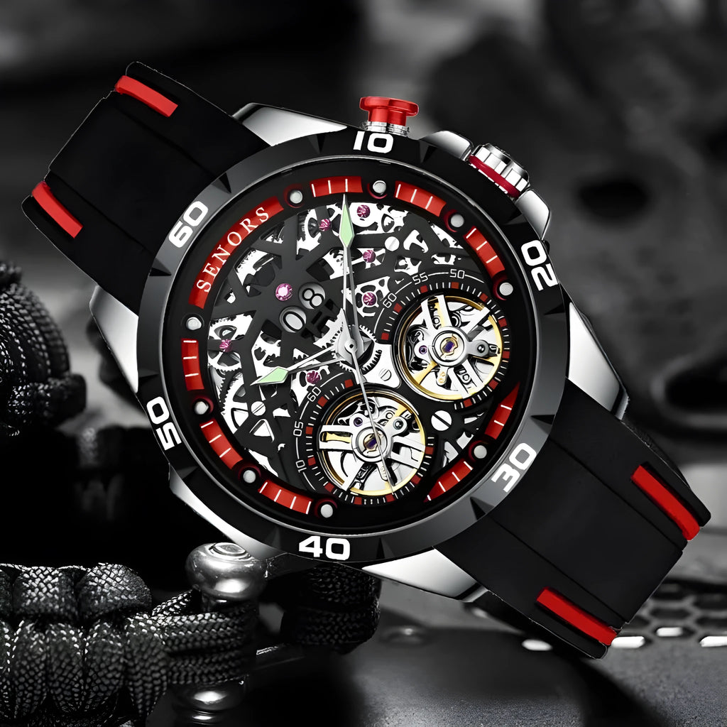 Automatic mechanical men's skeleton watch with luminous hands on a steel strap, red dial variant.