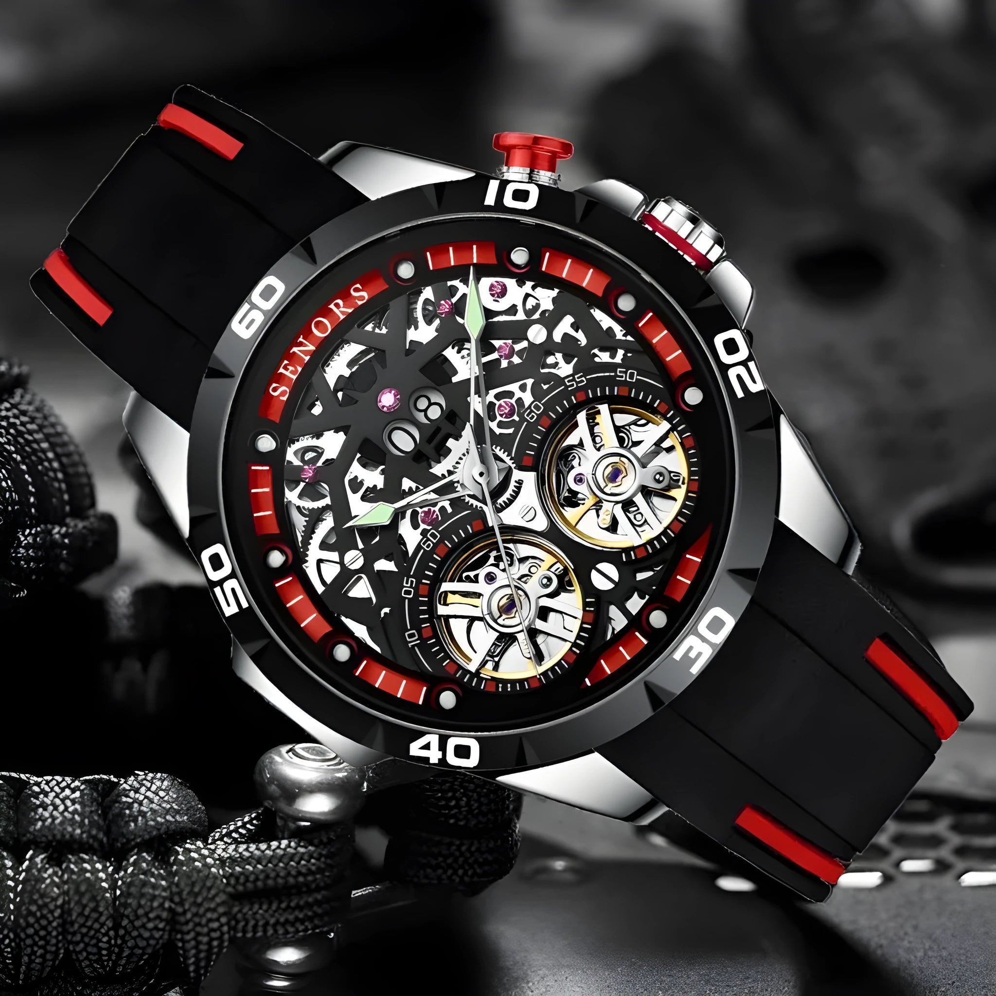 Automatic mechanical men's skeleton watch with luminous hands on a steel strap, red dial variant.