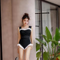 Korean style high-waisted one-piece swimsuit in black, quick-drying polyester fabric, triangle top design