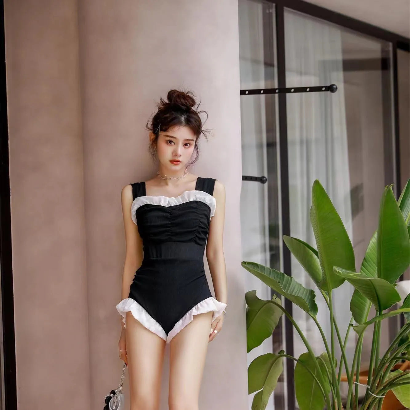 Korean style high-waisted one-piece swimsuit in black, quick-drying polyester fabric, triangle top design