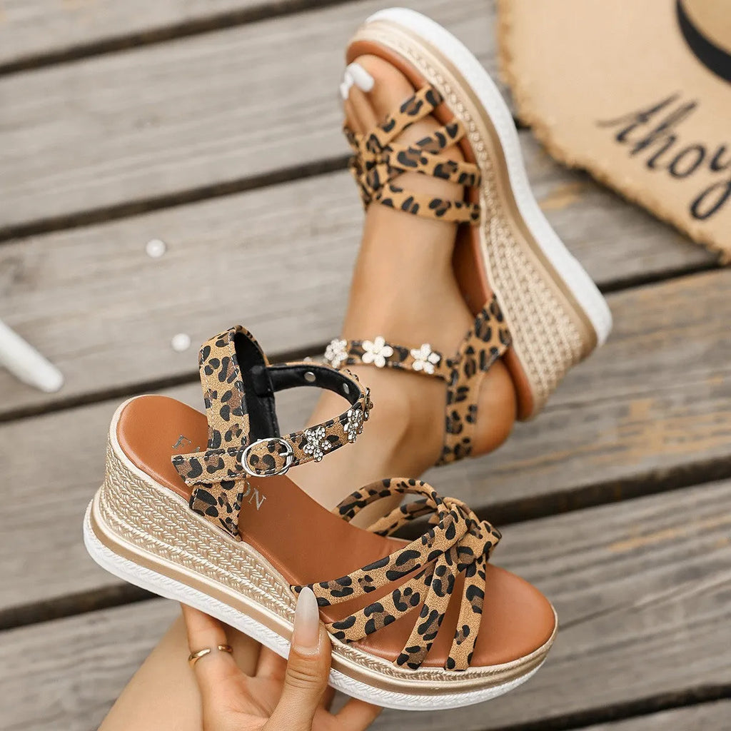 Light brown suede women's platform sandals with ankle buckle and open toe.