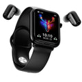 Black all-touch smartwatch with 1.69-inch screen and integrated Bluetooth earbuds on a wrist.