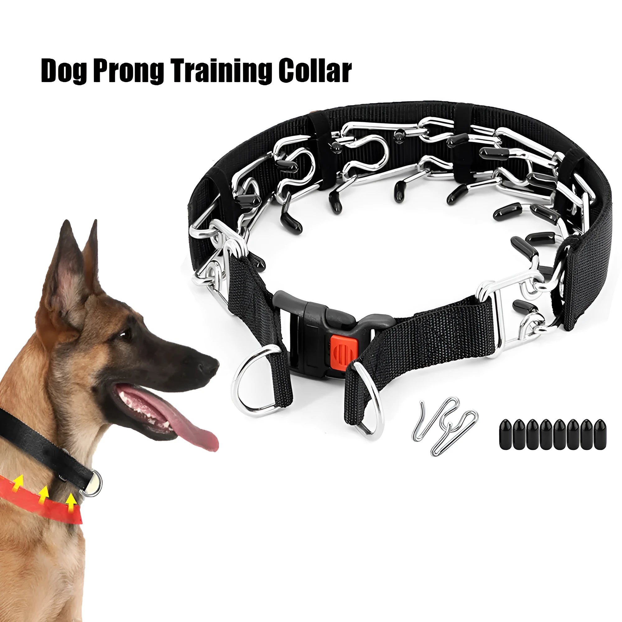 Dog training spike chain collar with a separate neck cover in reflective blue.