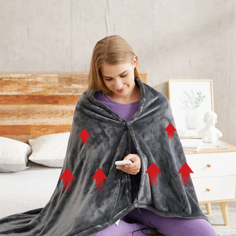 Dark grey USB heated coral fleece blanket with control button, shown folded.